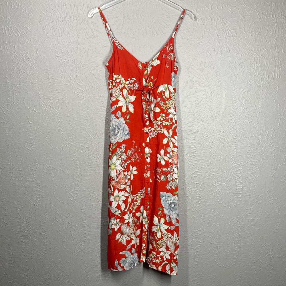 Pull & Bear Red & White Floral Print Tie Front Button Up Midi Dress Size…